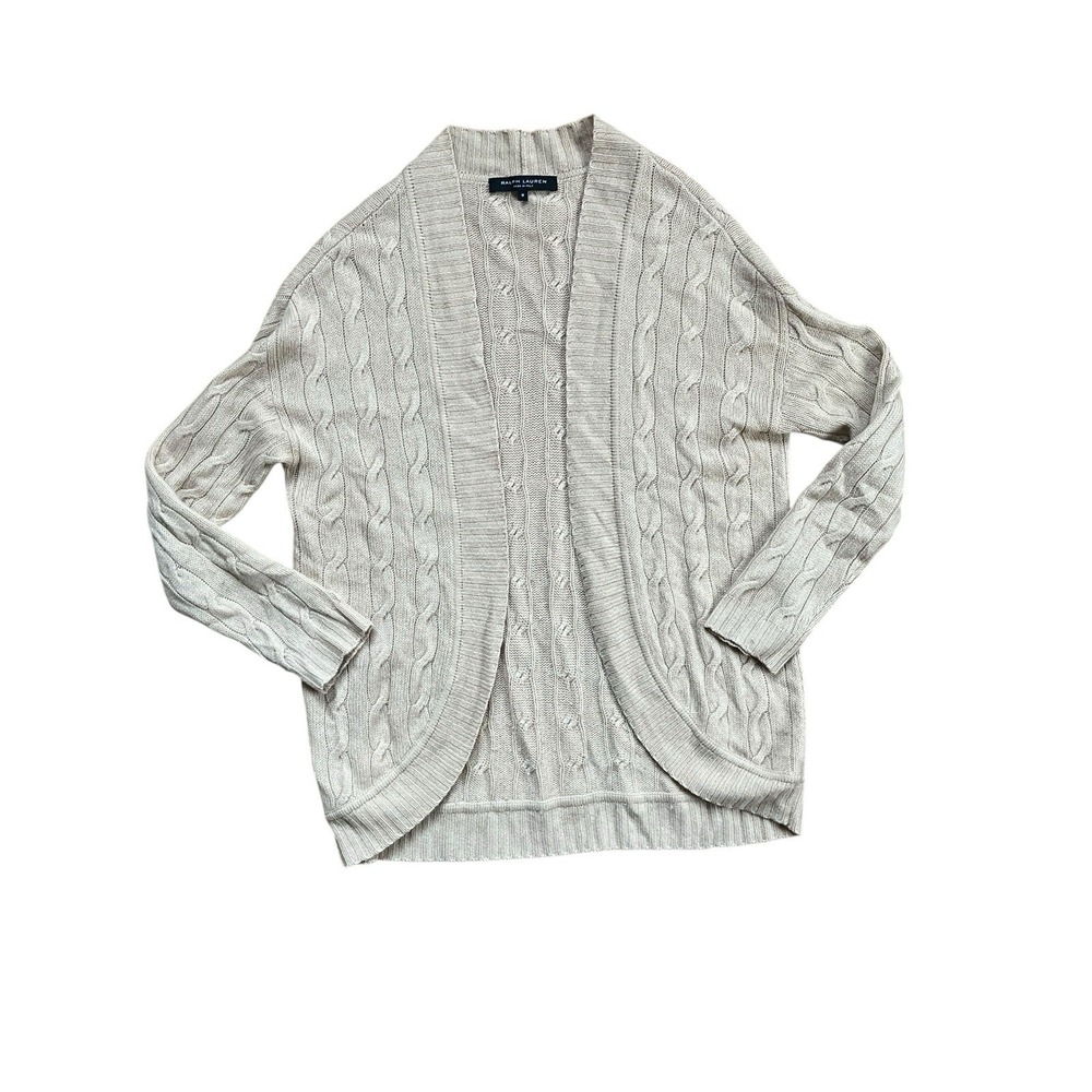 Ralph Lauren Cashmere Cardigan Black Label Beige Cable Knit Open Front, Medium